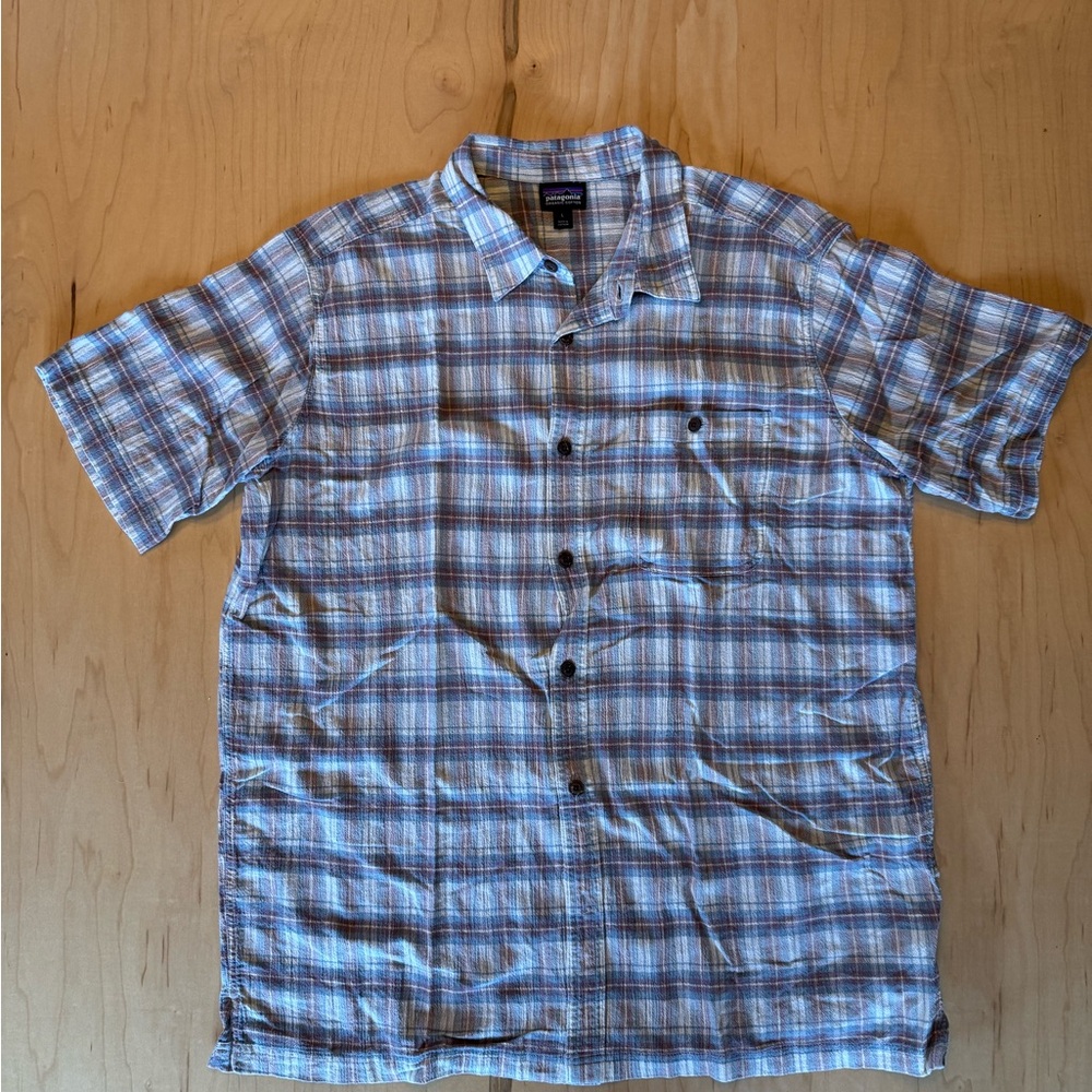 Patagonia Men’s Short Sleeve Plaid Button-Up Shirt - Light Blue/Brown